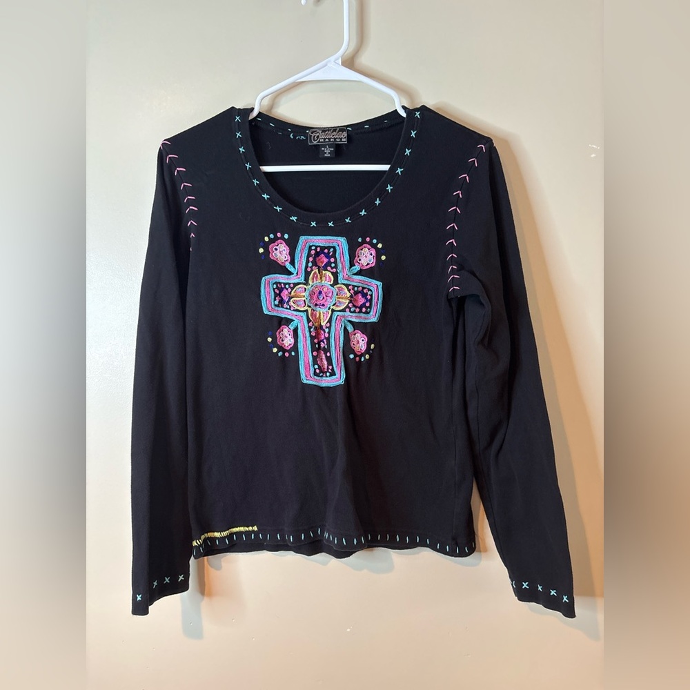 Vintage Cattlelac Ranch Black Long Sleeve Embroidered Top EUC
